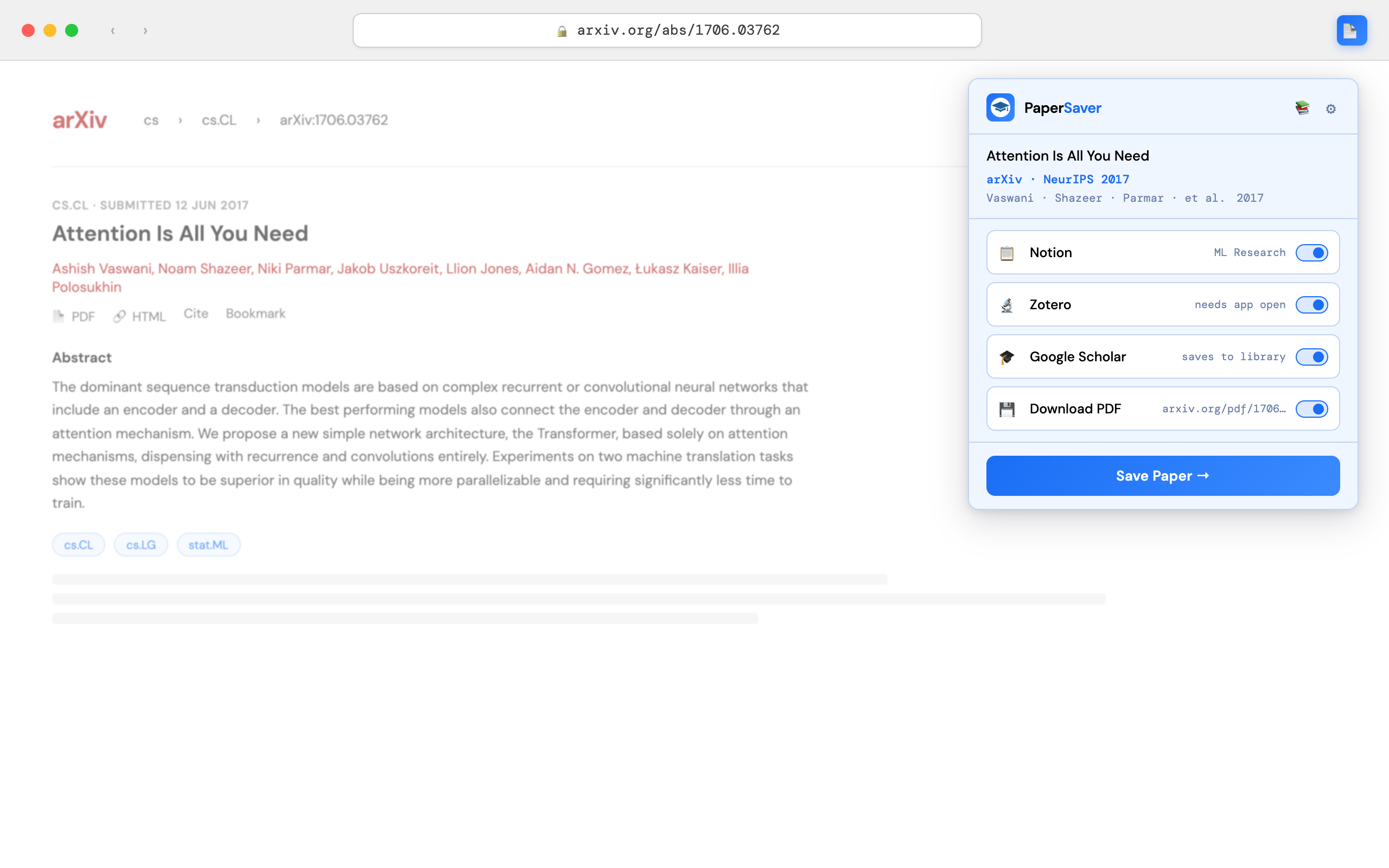 PaperSaver Chrome extension saving a paper to Notion, Zotero, and Google Scholar in one click